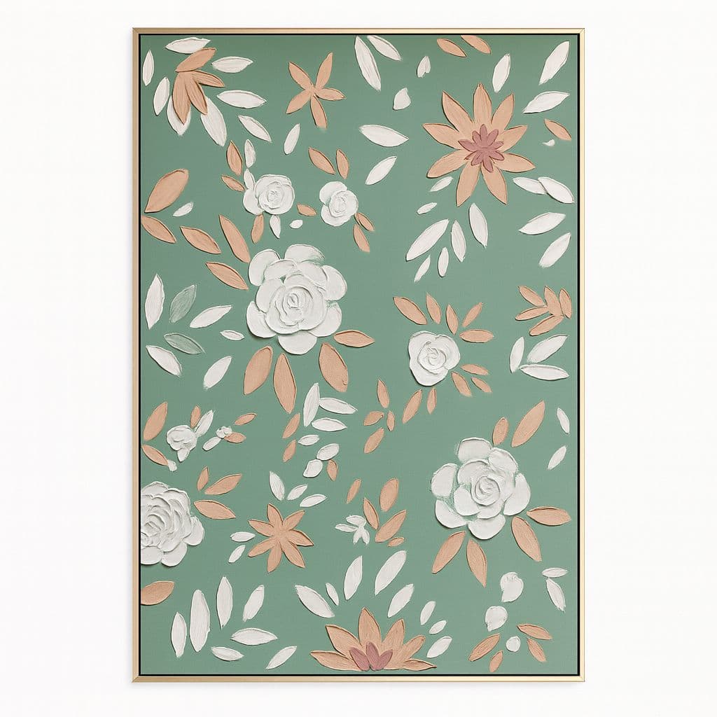 لوحة جدارية فنية بإطار ذهبي رفيع أنيق، تتميز بخلفية خضراء هادئة تعكس لمسة عصرية ناعمة. 153×102سم